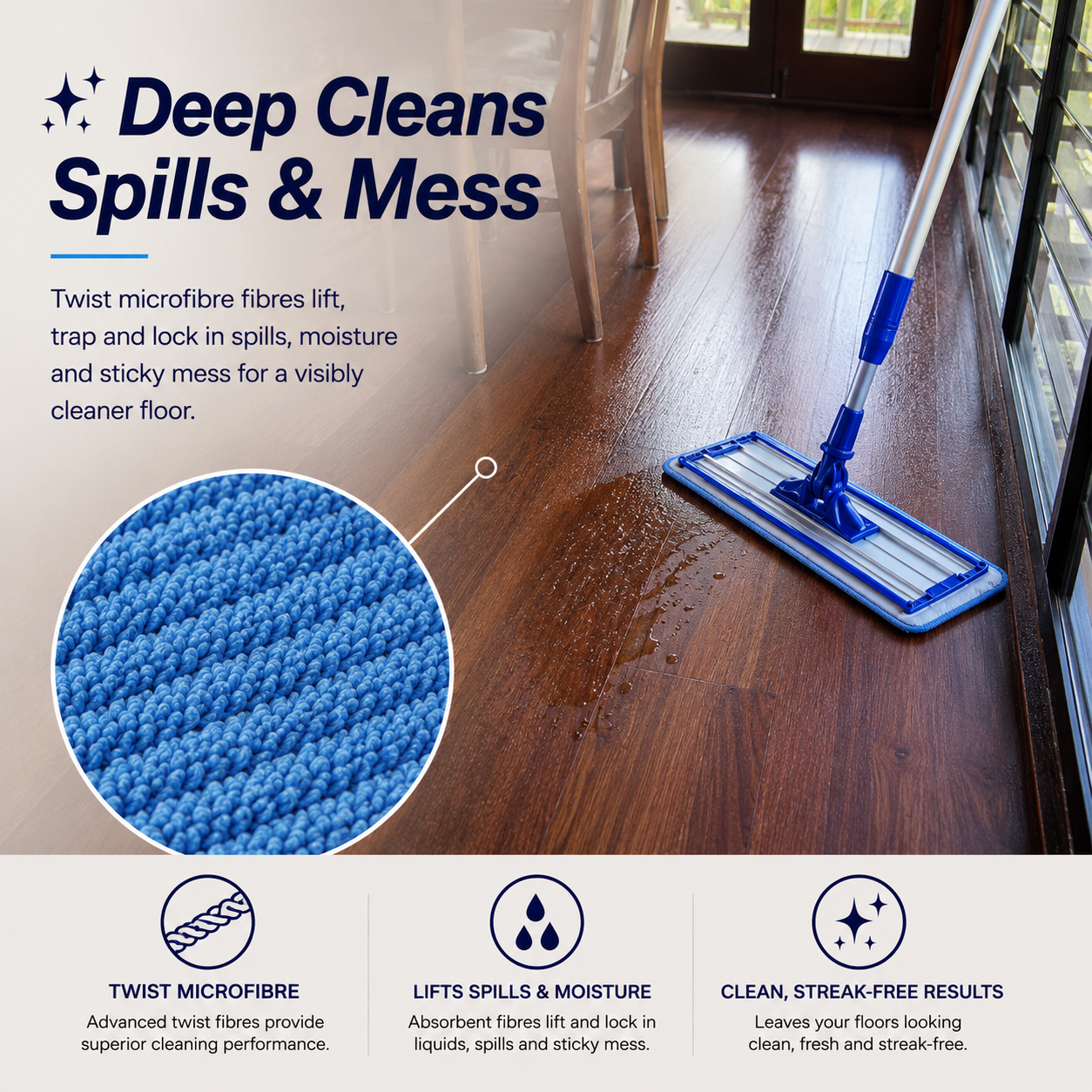 Mop cleaning a wooden floor higlighting how it cleans spills and mess