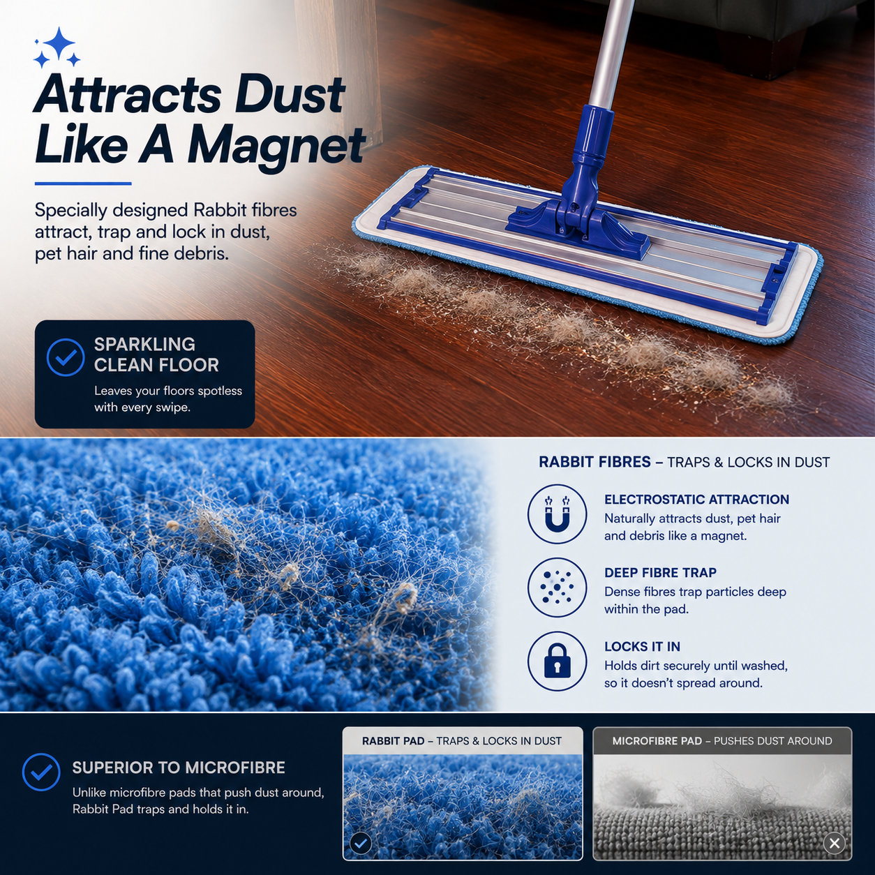 Dust cleaning mop showing cleaning effectiveness on a wooden floor.