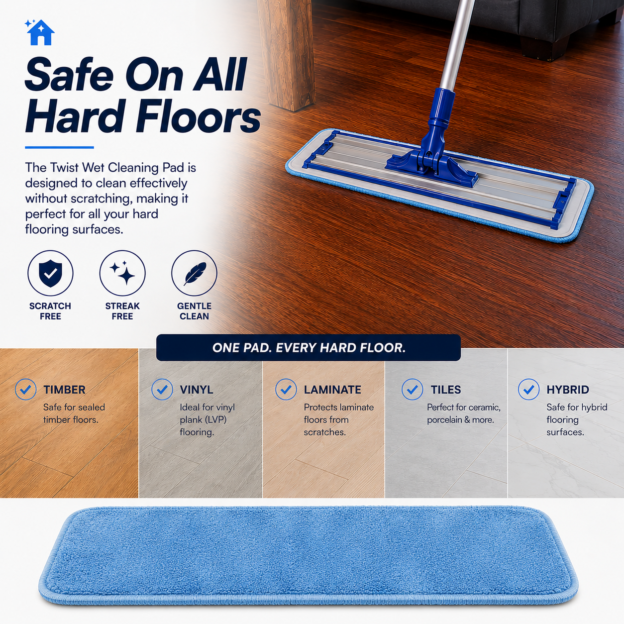 Mop cleaning a hard floor, all types like timber vinyl, laminate, tiles