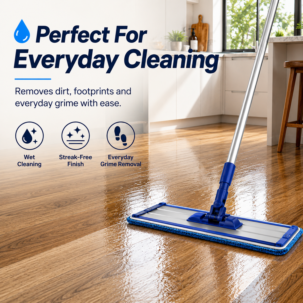 Mop cleaning a wooden floor highlighting its cleaning capabilities.